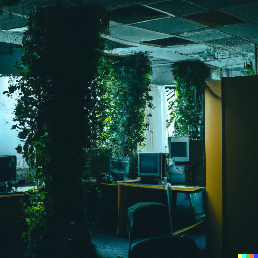 Prompt: An abandoned 90s call center, with ivy growing down the walls, moist office, grass growing, 8K photograph, Cinematic photo, post-processed photograph from a cinematic movie