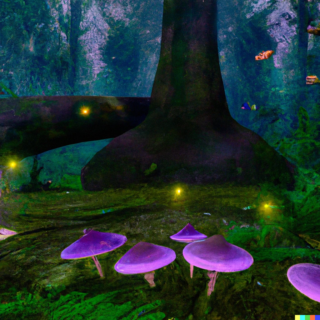 Prompt: A damp slightly dense green forest with a purple haze, consisting of only mushrooms and grass, instead of trees there are huge mushrooms the size of trees, the mushroom heads are covering the roof of the forest. There are few yellow fireflies dotted around the forest. Award-winning digital art, wide-angle panoramic high field of view