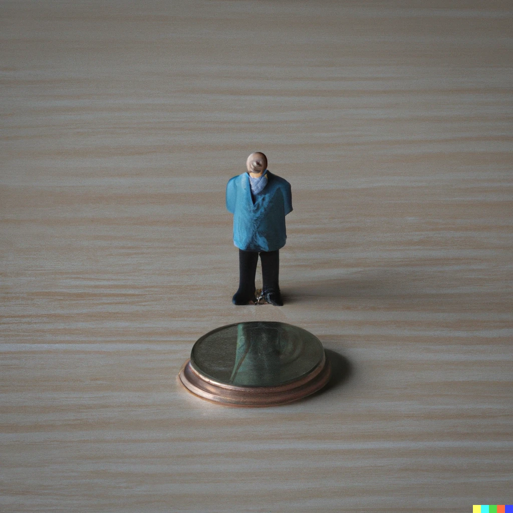 Prompt: A tiny man 3cm tall on a table next to a coin