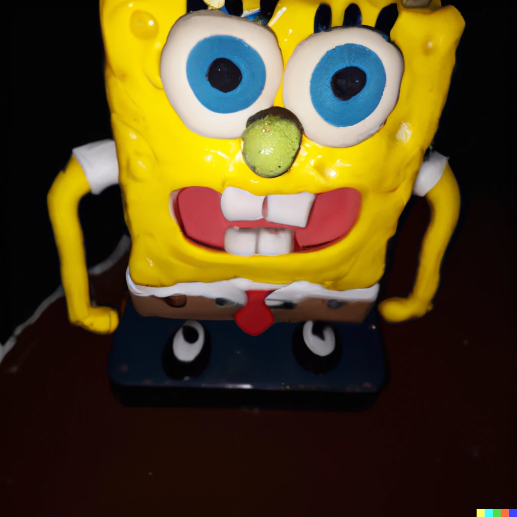 Prompt: SpongeBob SquarePants DiWHY, photograph taken in a dark room with a phone, with flash enabled.