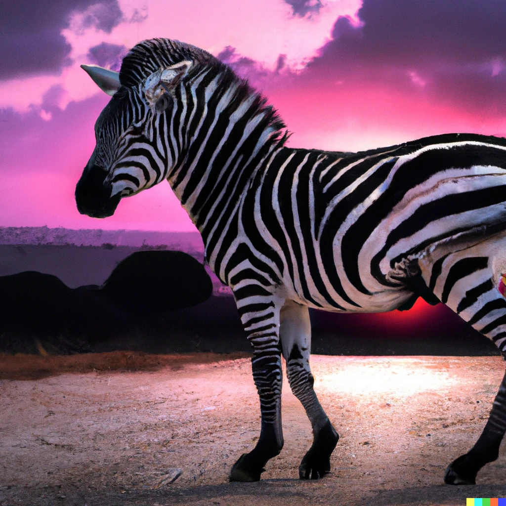 Prompt: A black and purple Zebra in Tunisia during a sunset, photorealistic, award-winning