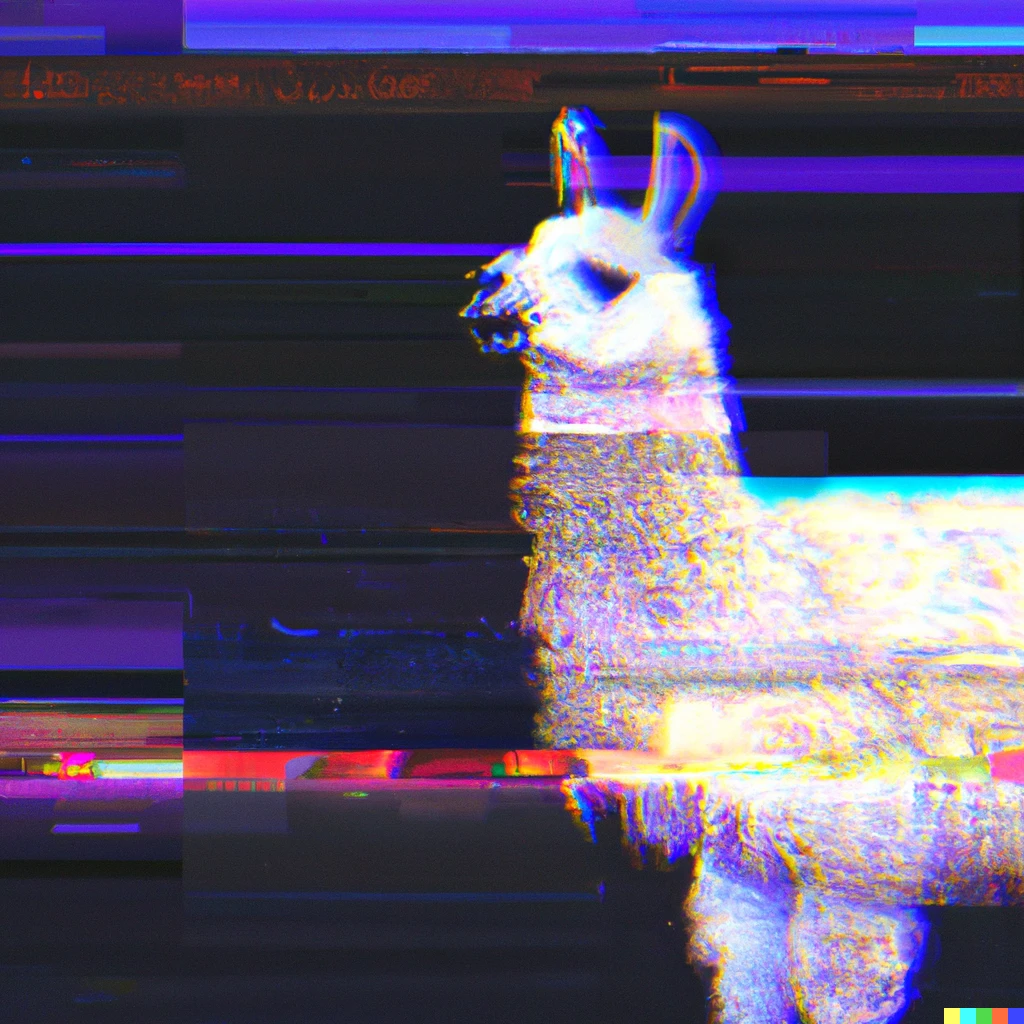 Prompt: Glitchcore Vaporwave Digital Art of a Majestic Llama, Award Winning Art