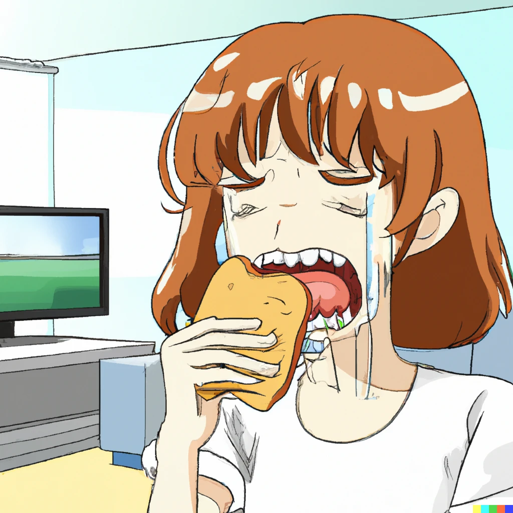 Prompt: girl eating sandwich while crying, screenshot from One Piece