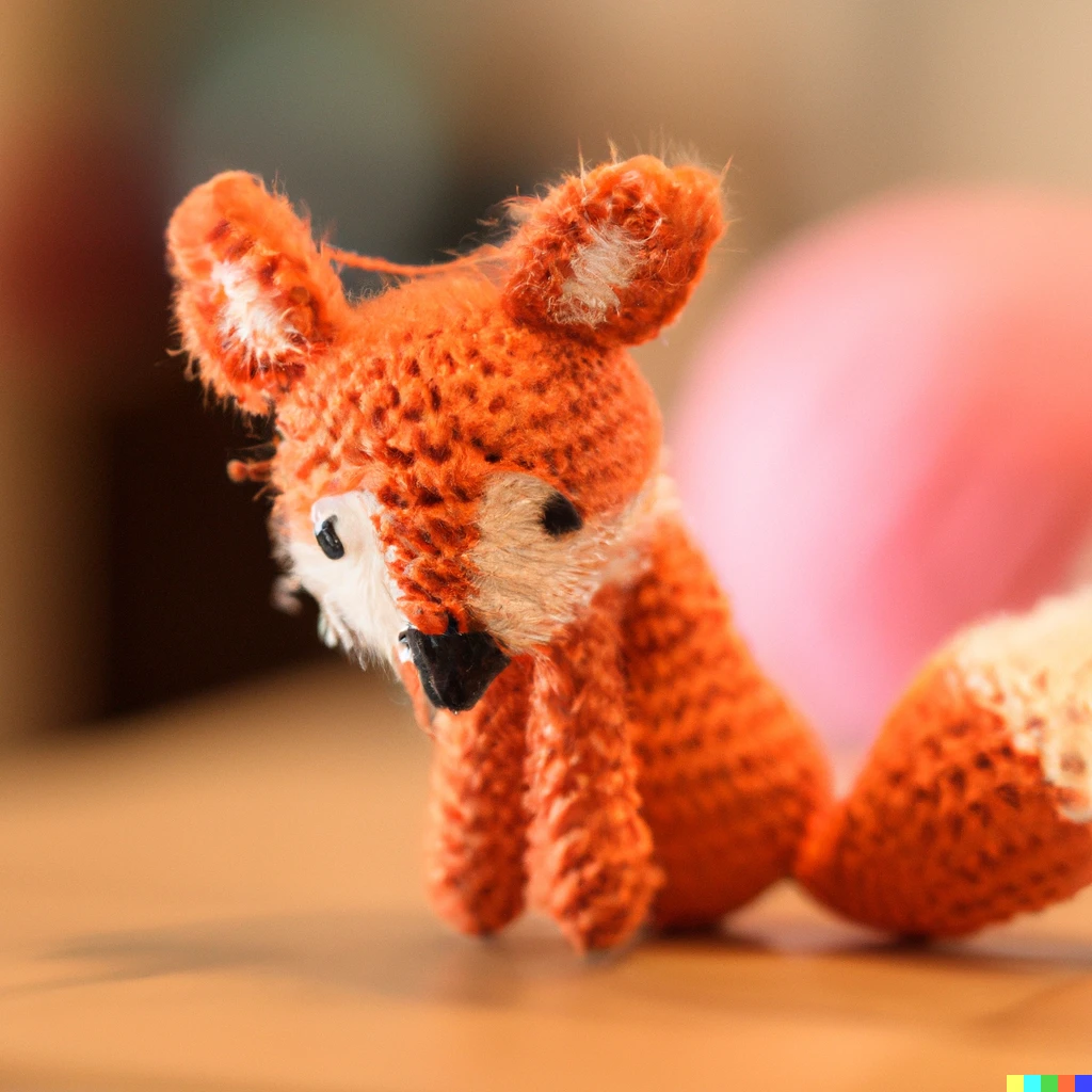 Prompt: A small fox made of yarn on a wood table, close-up 100mm shot, bokeh, 4K HD photograph