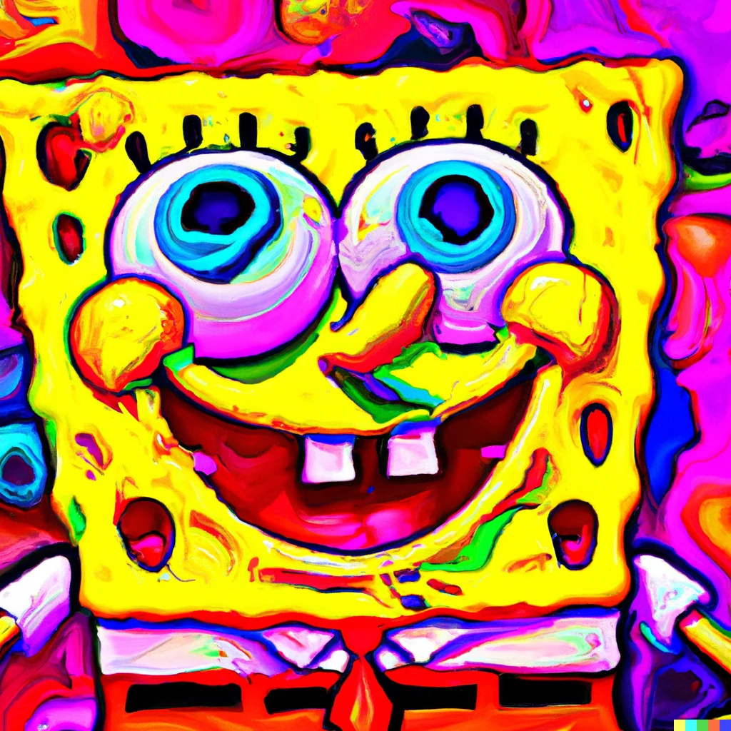 Prompt: Incredible psychedelic colorful digital oil painting art of SpongeBob. award-winning incredible art, looking at this art will make you feel like you have ascended. it is very powerful. the color contrast is very vibrant and overpoweringly purple. it is absolutely incredible. award-winning top-tier digital art