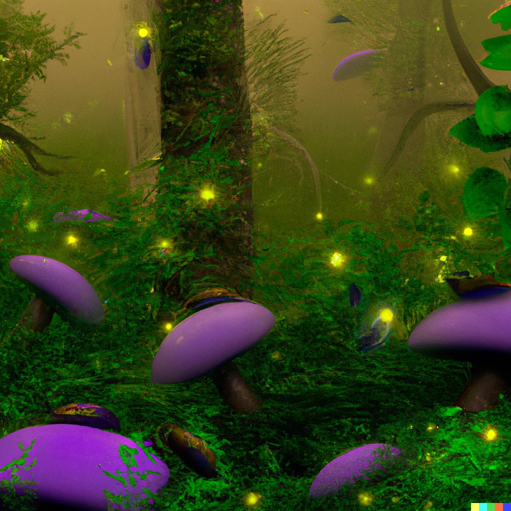 Prompt: A damp slightly dense green forest with a purple haze, consisting of only mushrooms and grass, instead of trees there are huge mushrooms the size of trees, the mushroom heads are covering the roof of the forest. There are few yellow fireflies dotted around the forest. Award-winning digital art, wide-angle panoramic high field of view