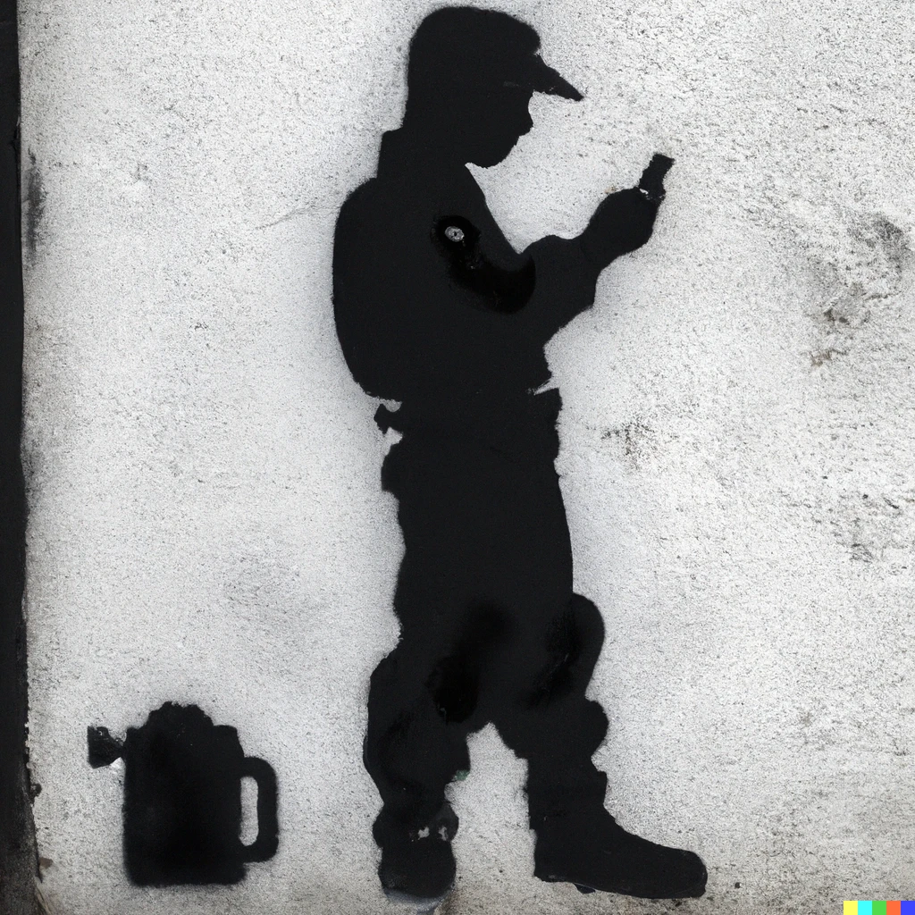 Prompt: A soldier holding a phone, spraypainted on a wall in black using stencils by Banksy