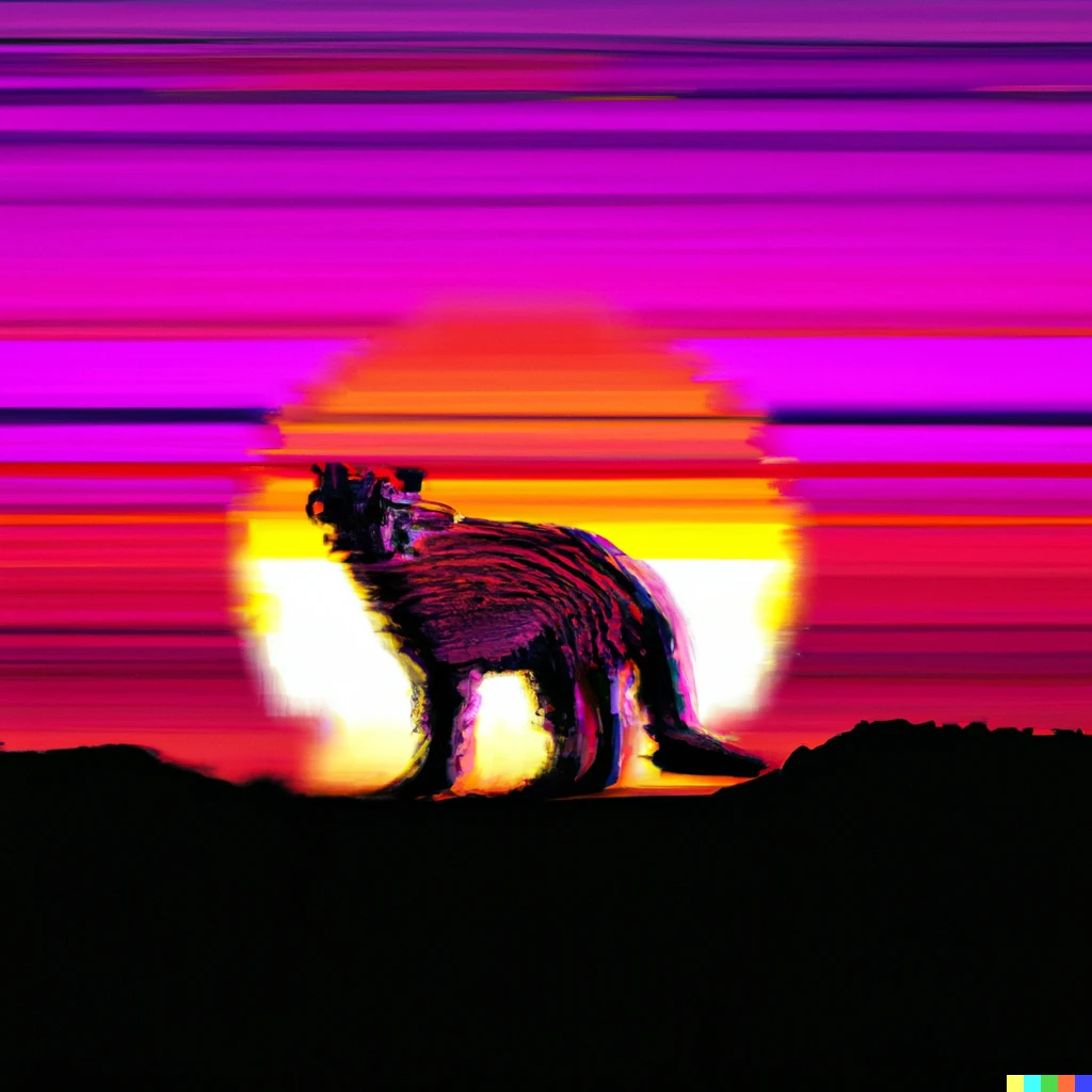 Prompt: Vaporwave glitchcore vibing Fossa infront an orange sun setting, with purple sky, digital art, award winning