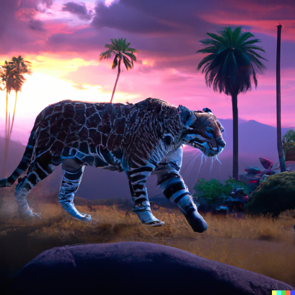 Prompt: A purple and white leopard in a mountainous desert with palm trees and bushes against a beautiful sunset, 85mm photograph, cinematic lighting, professional post-processed cinematic photograph from a movie. 8K