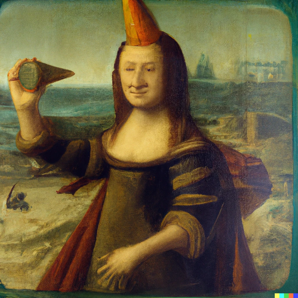 Prompt: A 16th century painting of a woman taking a selfie, while wearing a pair of Swimming Goggles and a party hat.