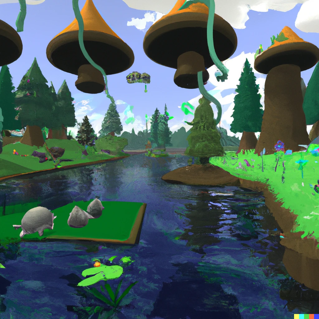 Prompt: Screenshot of a swamp level in Super Mario 64