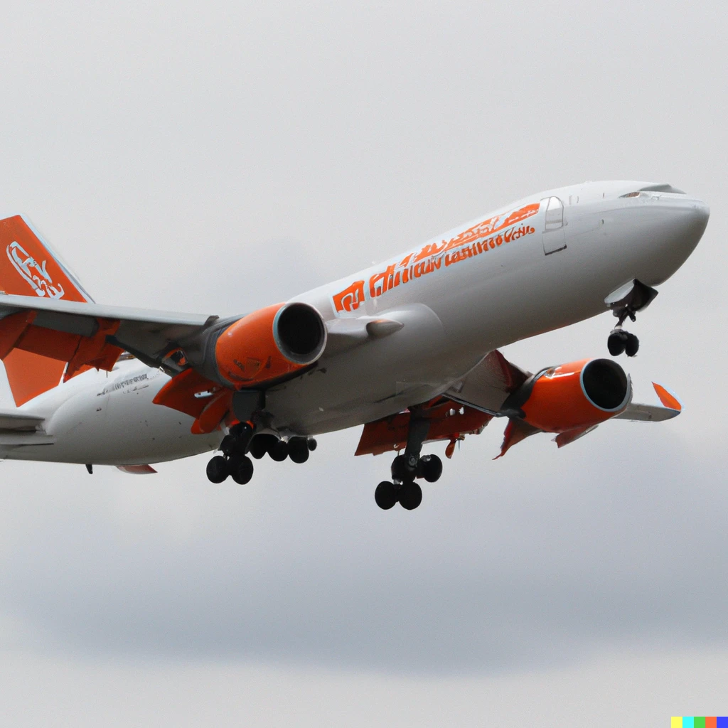 Prompt: A photograph of EasyJet's new Boeing 747 Jumbo Jet, landing at London Gatwick Airport, 85mm photograph, jetphotos, airline pictures