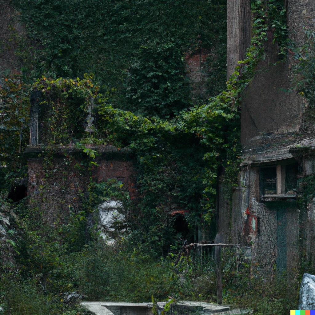Prompt: An abandoned statue factory, with ivy growing down the walls, moist, grass growing, 8K photograph, Cinematic lighting, post-processed photograph from a cinematic movie
