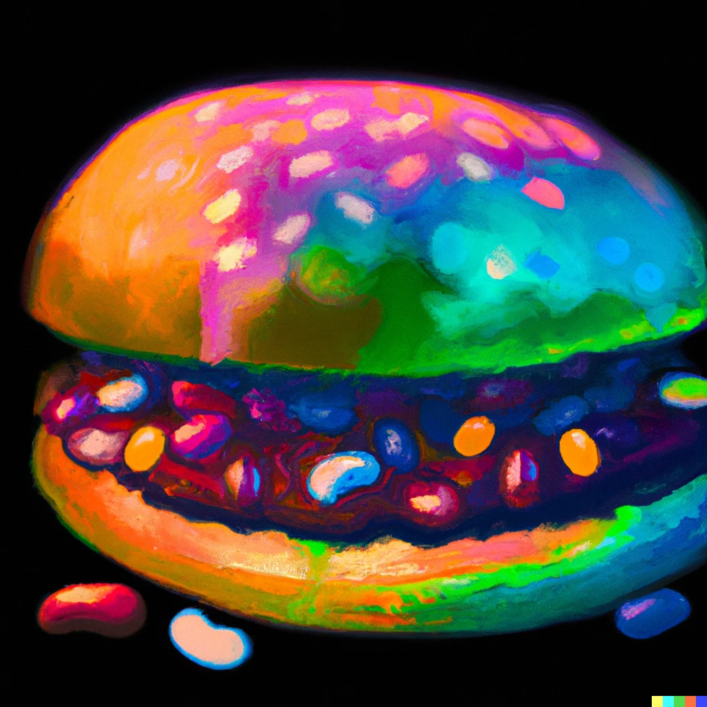 Prompt: A hamburger filled with jelly beans, psychedelic synthwave art, award-winning, best art of the year