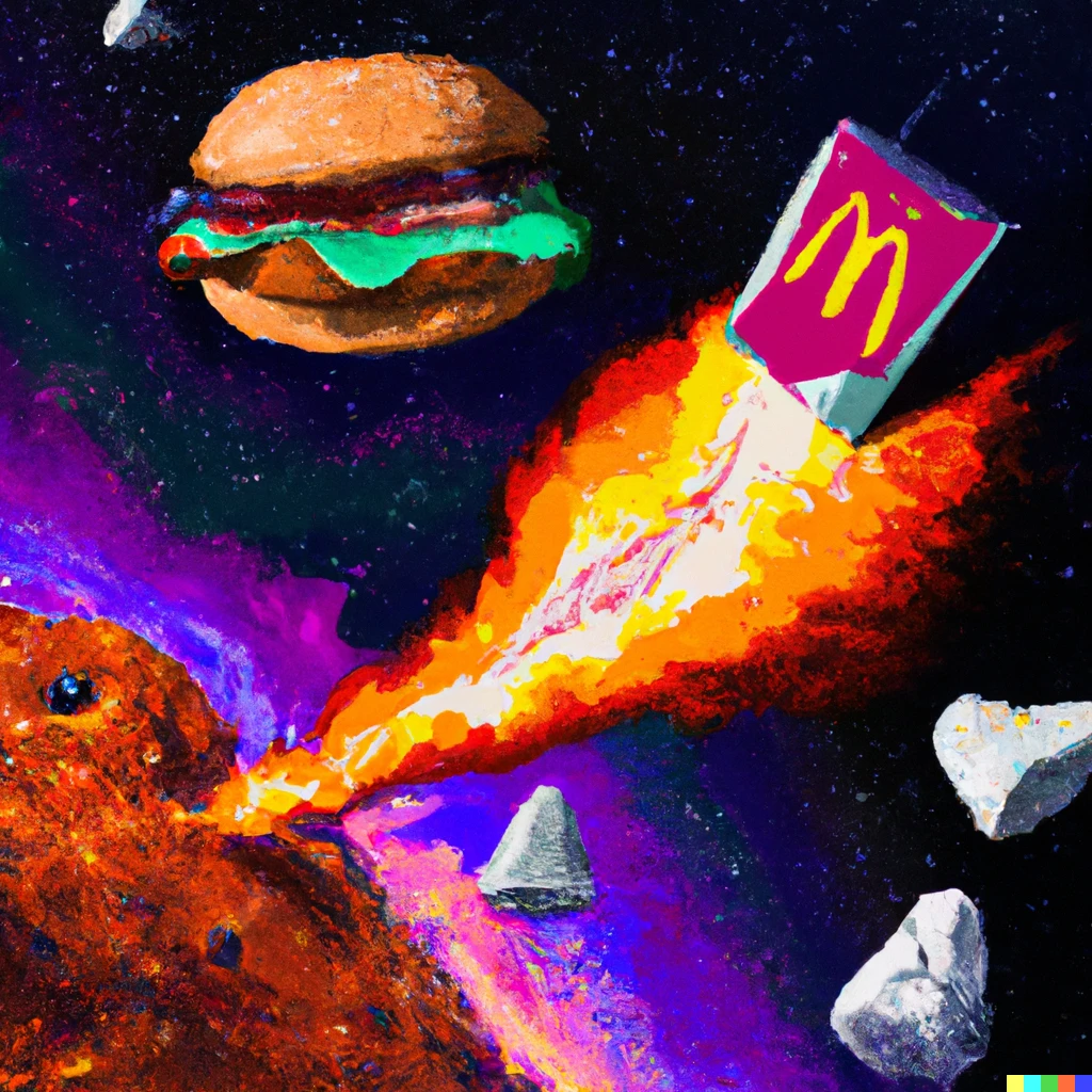 Prompt: Mcdonalds on a comet in space, digital art, vibrant, detailed award-winning art featured on ArtStation