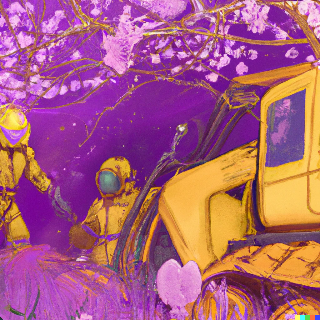 Prompt: A yellow hazmat team inside of a purple wonderland with cherry blossoms and purple grass, award-winning digital art