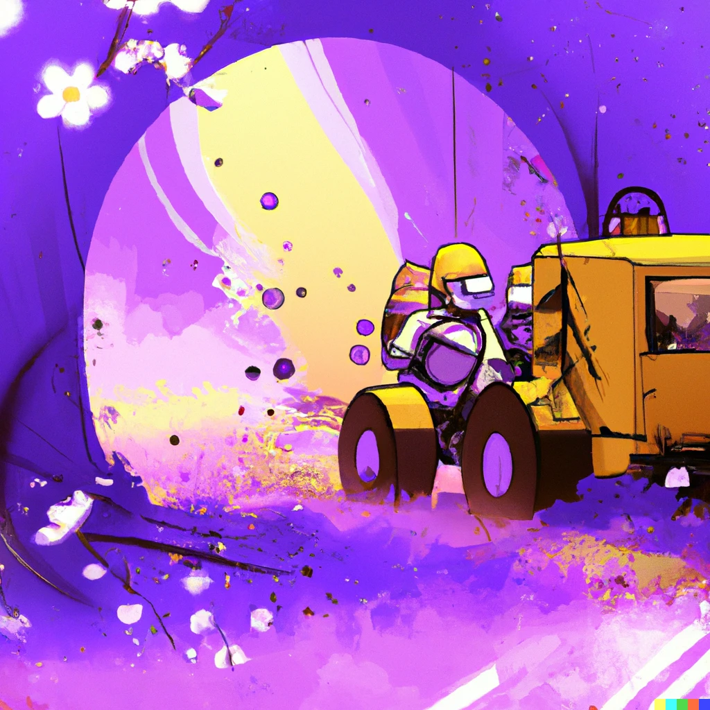 Prompt: A yellow hazmat team inside of a purple wonderland with cherry blossoms and purple grass, award-winning digital art