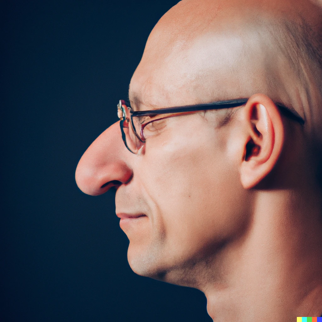 Prompt: A side-portrait photograph of a proud bald man wearing circular glasses, with a very very very very long nose, extremely long nose, mega-nose, XXL nose, guiness world record longest nose. 85mm f/1.2 studio lighting side-portrait