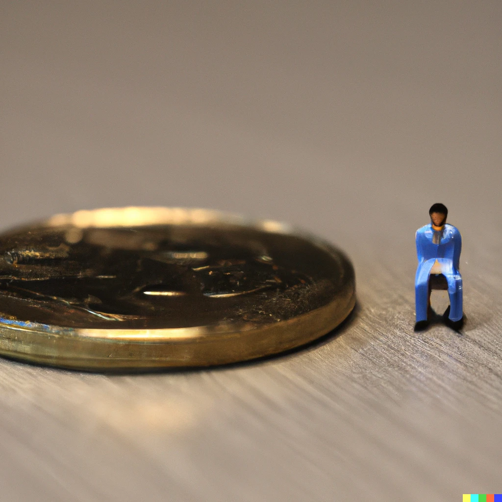 Prompt: A tiny man 3cm tall on a table next to a coin