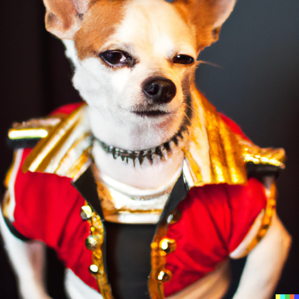 Prompt: A chihuahua dressed like Freddie Mercury, makeup, clothes, professional makeover, award winning, SIGMA 50mm f/1.6