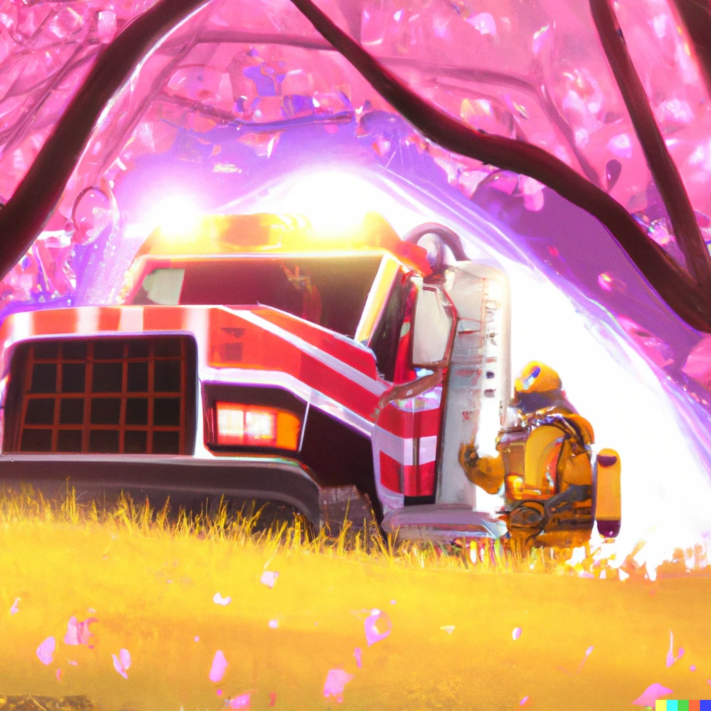 Prompt: A yellow hazmat team inside of a pink wonderland with cherry blossoms and pink grass, award-winning calm digital art