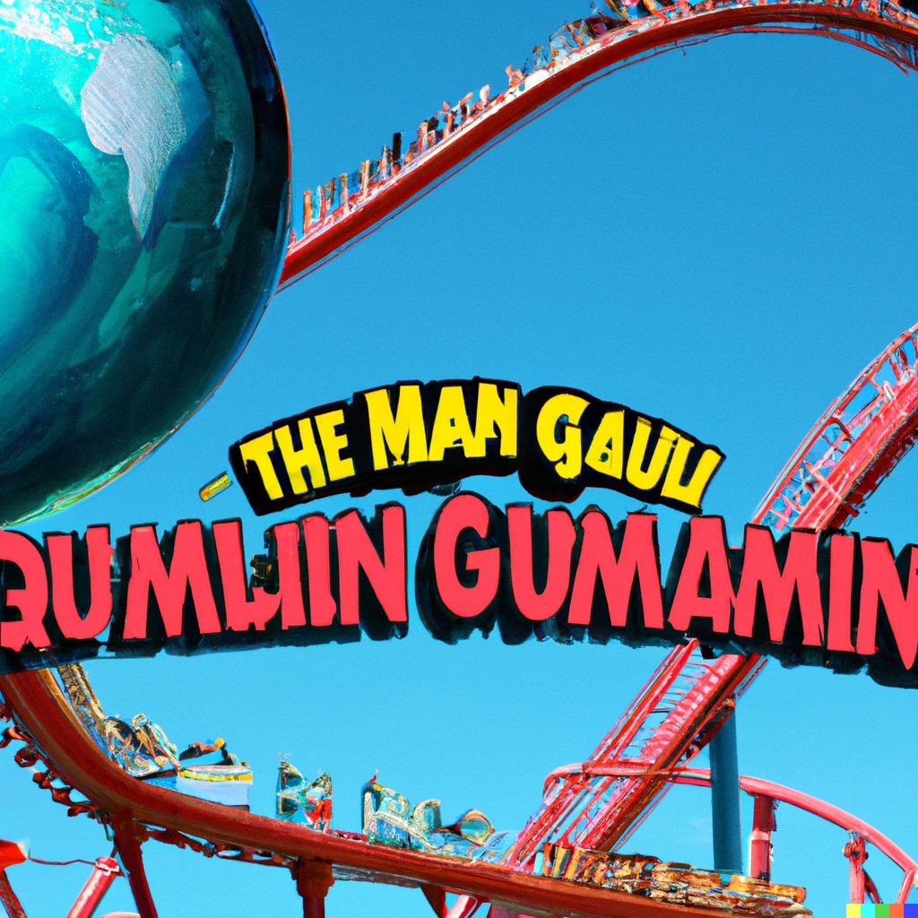 Prompt: A photograph of a rollercoaster, with a "The Amazing World of Gumball" cartoon theme.