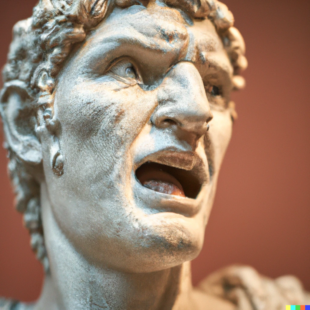 Prompt: Julius Caesar extremely angry, a statue from Ancient Rome in a museum, 8K Photography, 35mm f/1.2