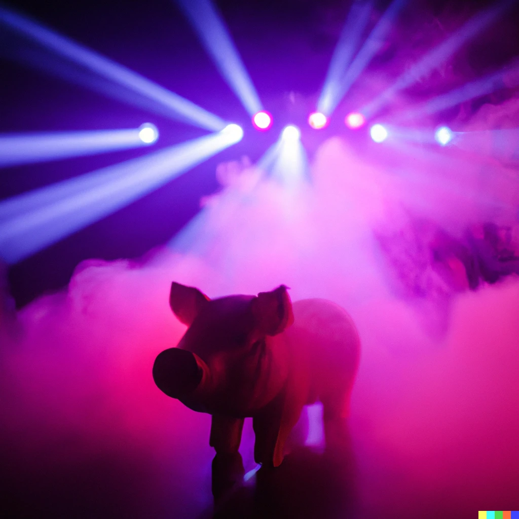 Prompt: A pig partying in a club. fog machine spotlights. crowd in the background LED photograph f/8