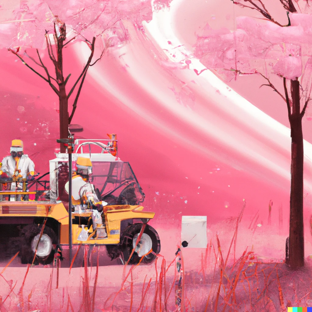 Prompt: A yellow hazmat team inside of a pink wonderland with cherry blossoms and pink grass, award-winning calm digital art