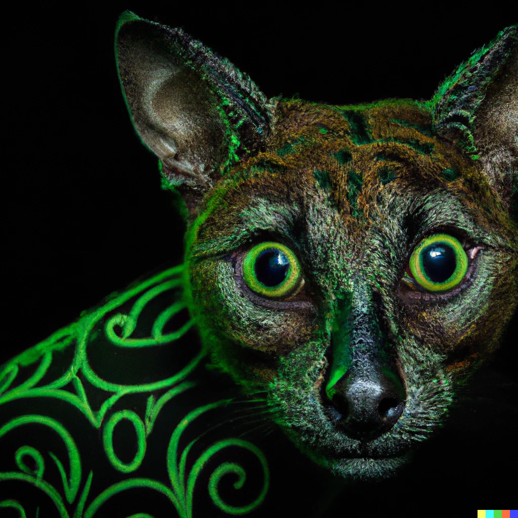 Prompt: A Fossa Wearing Intricate Green Face Paint, Front Facing, Studio Portrait, Dark Bg, Psychedelic, Photorealistic