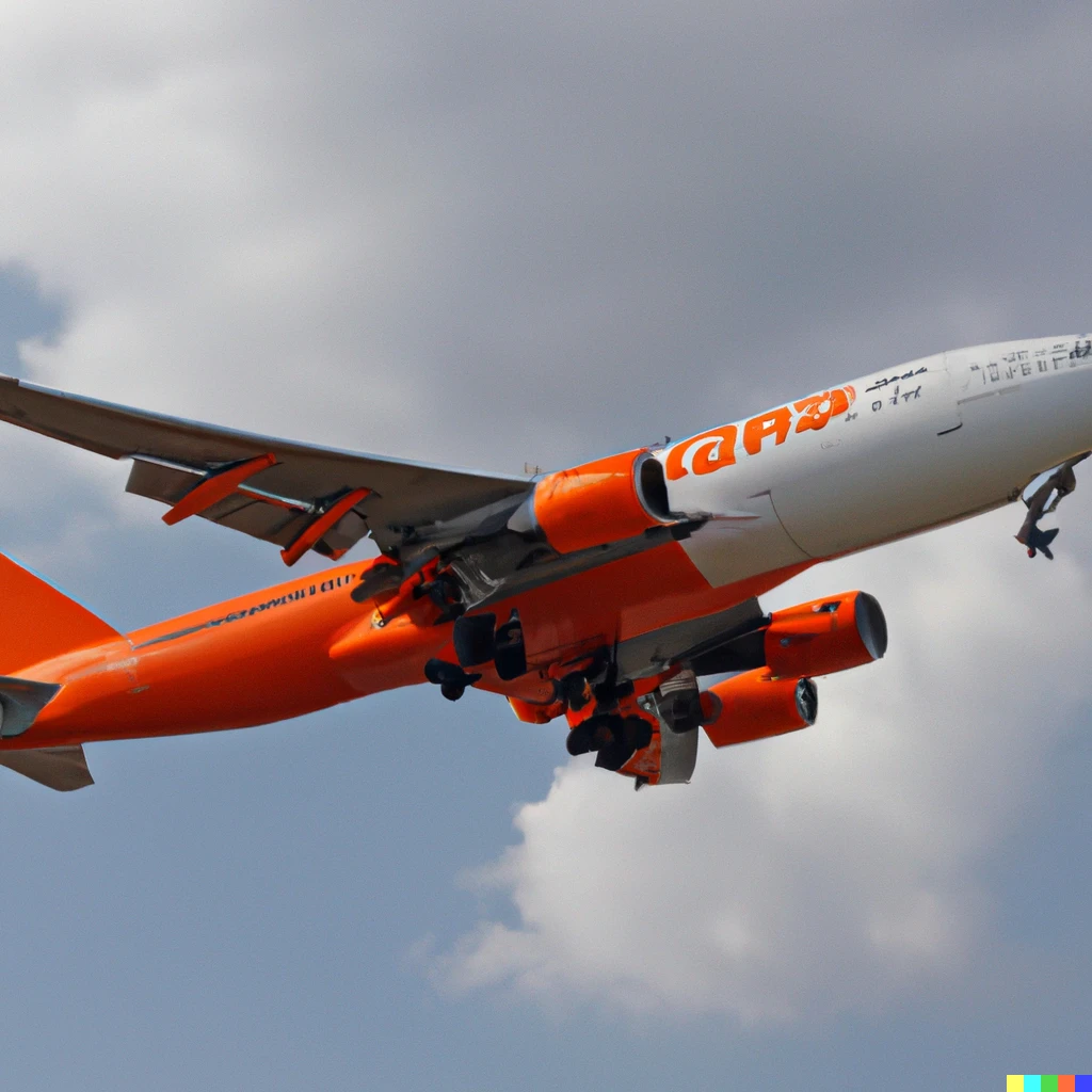 Prompt: A photograph of EasyJet's new Boeing 747 Jumbo Jet, landing at London Gatwick Airport, 85mm photograph, jetphotos, airline pictures