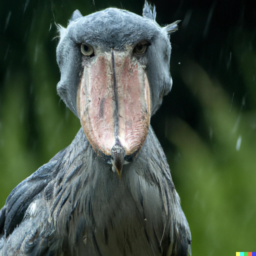 Prompt:  Shoebill Stork eerily staring into the camera in rain