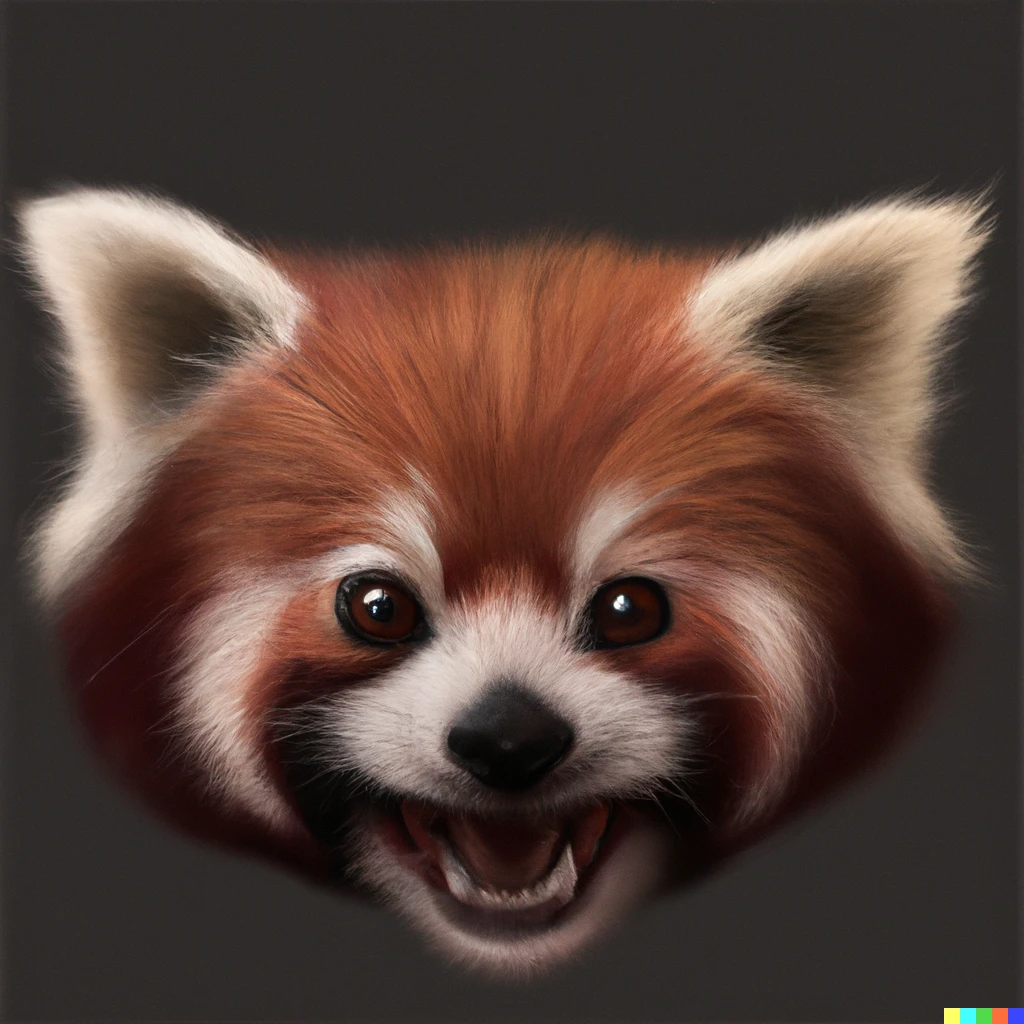 Prompt: A creepy red panda with an ear-to-ear grin, digital art