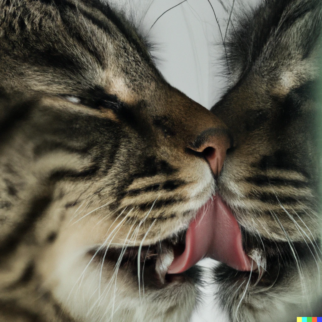 Prompt: A large cat passionately licking a mirror, macro shot, 85mm, photograph, 8K, color-corrected and post-processed