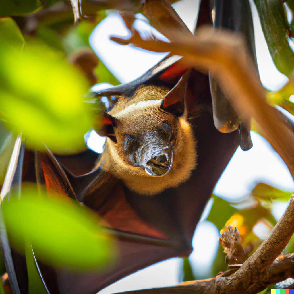 Prompt: A bat with four eyes hanging from an Acacia tree in Madagascar, Nature Photography, 8K, 85mm, f/1.2, award-winning