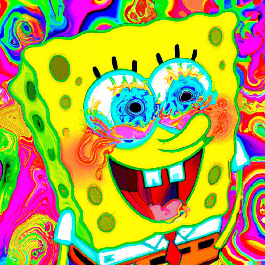 Prompt: Incredible psychedelic SpongeBob LSD digital art. spongebob's eyes are completely overpowered with multicolored swirls, symbolising the trip. spongebob is happier than he has ever been, and he is surrounded by overpowering multi-colored spongebob-style flowers. the color contrast is very vibrant, representing the psychedelicness. it is absolutely incredible, and will leave you feeling like you have ascended. award-winning top-tier digital art