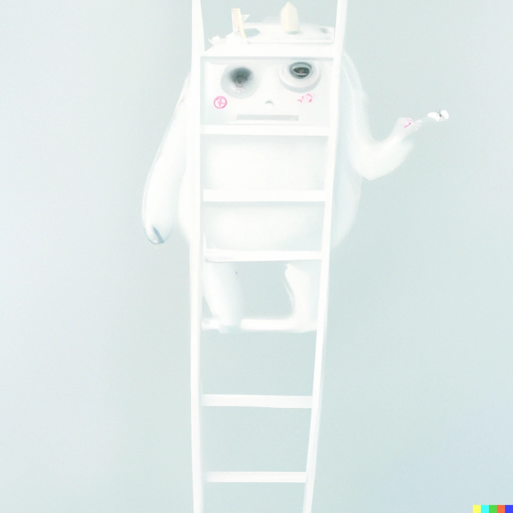 Prompt: A cute white fur monster climbing a ladder, art by Takashi Murakami