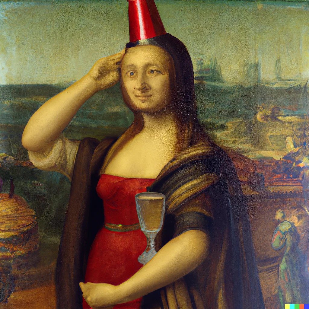 Prompt: A 16th century painting of a woman taking a selfie, while wearing a pair of Swimming Goggles and a party hat.