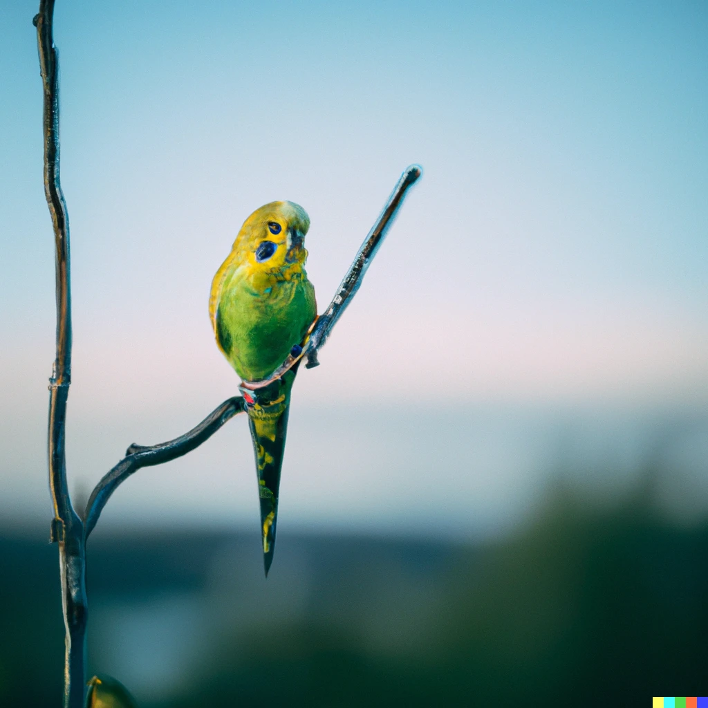 Prompt: A budgie, standing on a tree branch, with the Australian landscape in the background, cinematic photograph, Sony FE 85mm f/1.8