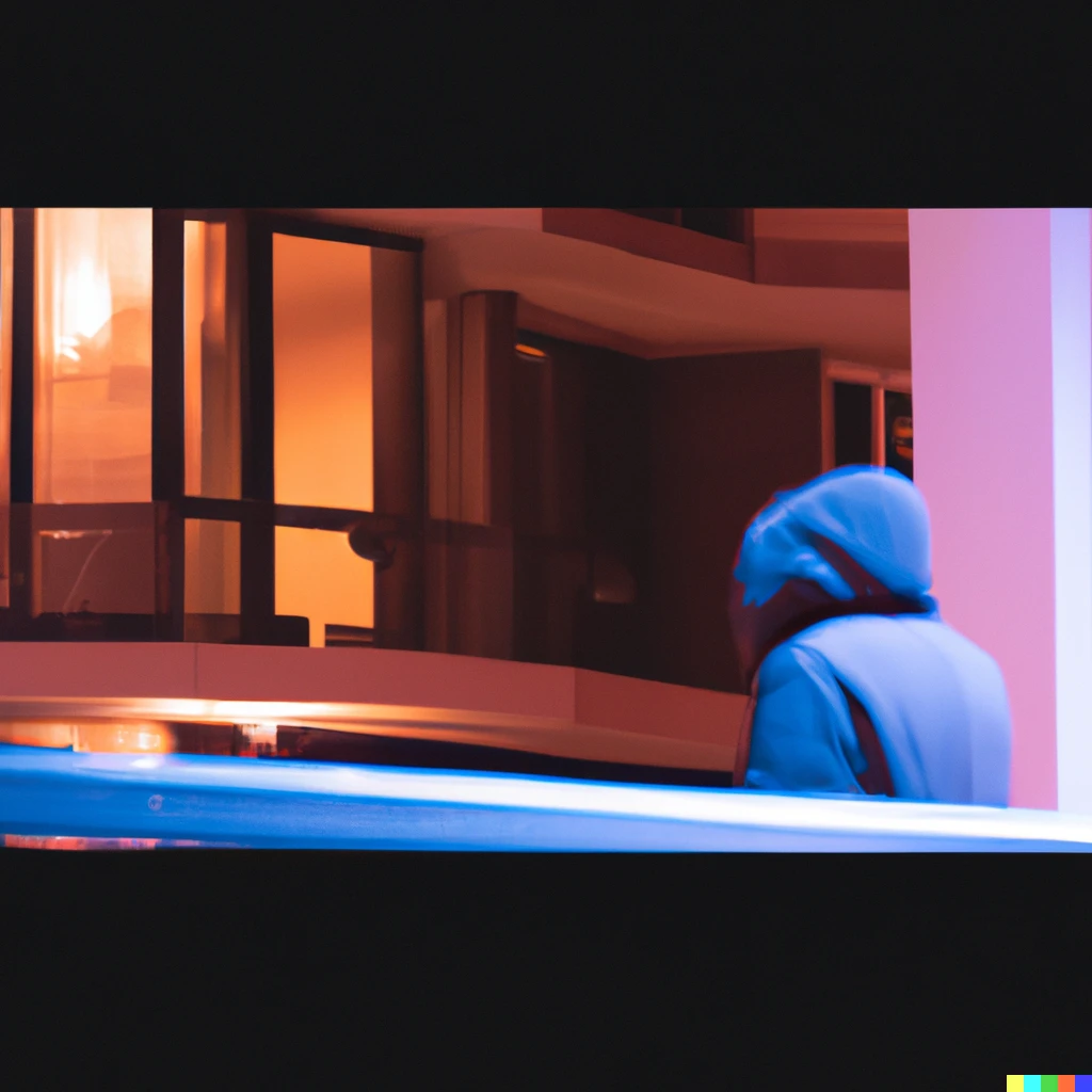 Prompt: Telephoto lens photo of a hooded figure leaving a hotel at night, neon lighting, polaroid
