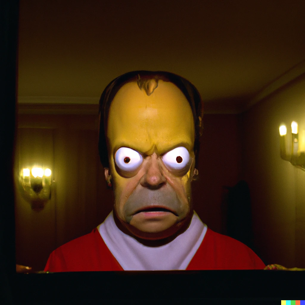 Prompt: Satanic Homer Simson, horror, a still from The Shining (1980)