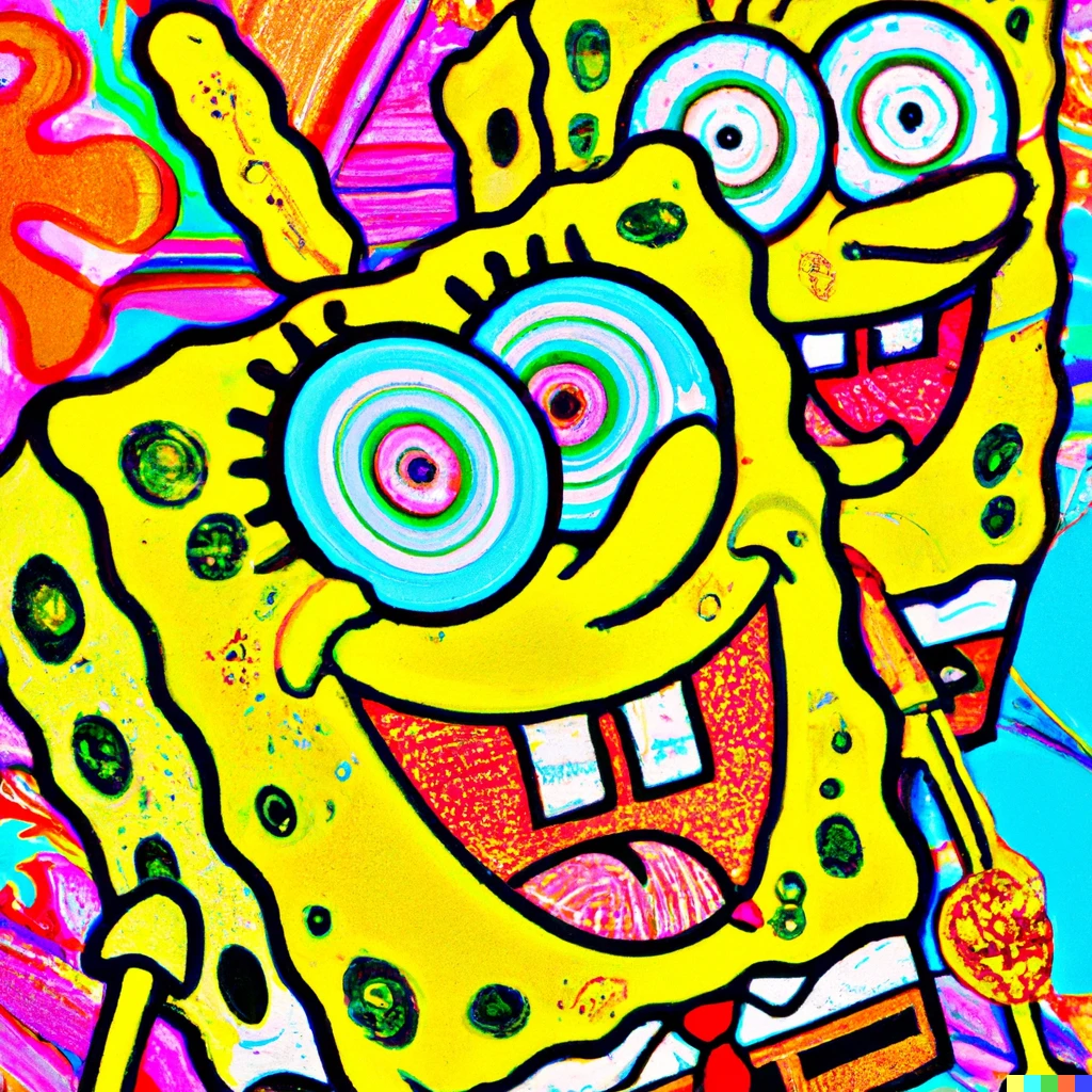Prompt: Incredible psychedelic SpongeBob LSD art. spongebob's eyes are completely multicolored swirls symbolising the psychedelicness. spongebob is happier than he has ever been. award-winning incredible art, the color contrast is very vibrant. it is absolutely incredible. award-winning top-tier digital art