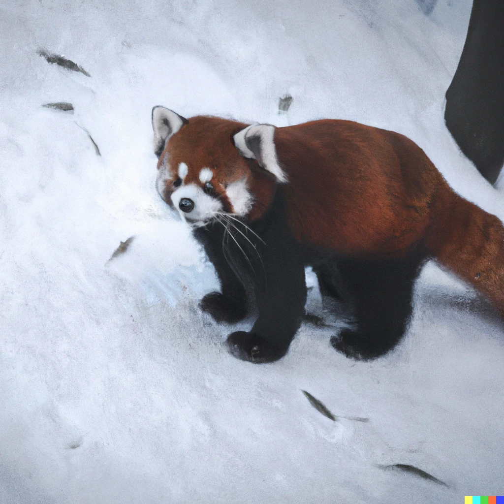 Prompt: A photograph of a Red Panda in Antarctica, 8K nature photography from a cinematic movie, 50mm f/1.2