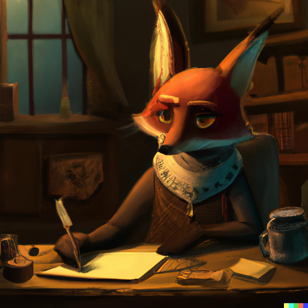 Prompt: An intrigued fox writing an essay about DALL-E 2, digital art