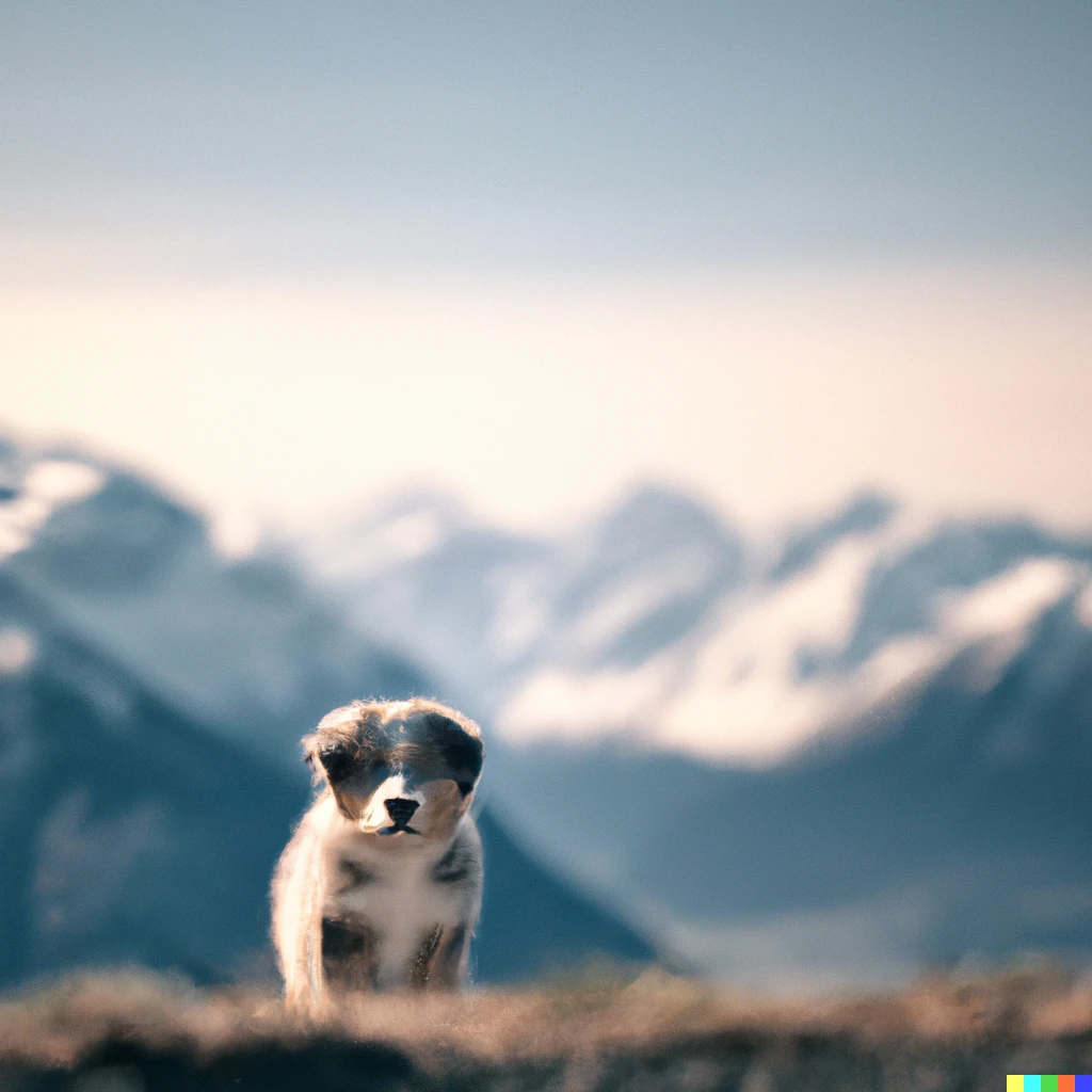 Prompt: An Australian shepherd puppy, standing on a mountain, with The Great Alps in the background. Cinematic photograph, Canon 85mm f/1.2, post-processed and color-corrected