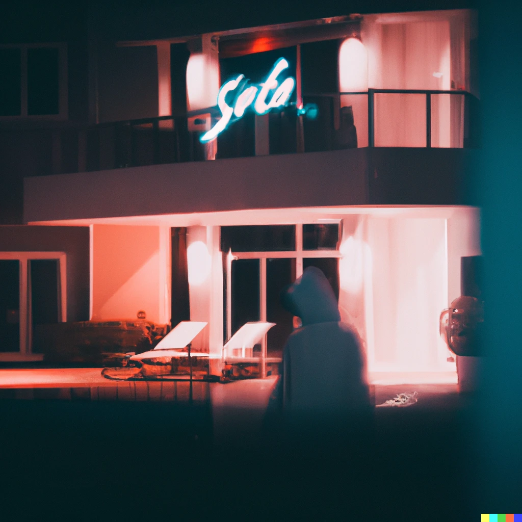 Prompt: Telephoto lens photo of a hooded figure leaving a hotel at night, neon lighting, polaroid