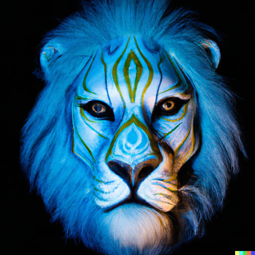 Prompt: lion wearing intricate light blue face paint, front facing, studio portrait, dark bg