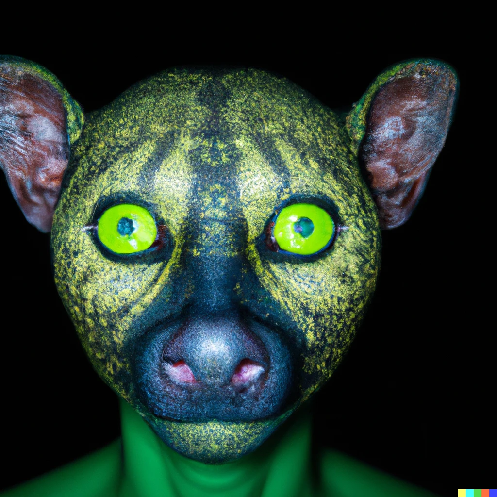Prompt: A Fossa Wearing Intricate Green Face Paint, Front Facing, Studio Portrait, Dark Bg, Psychedelic, Photorealistic