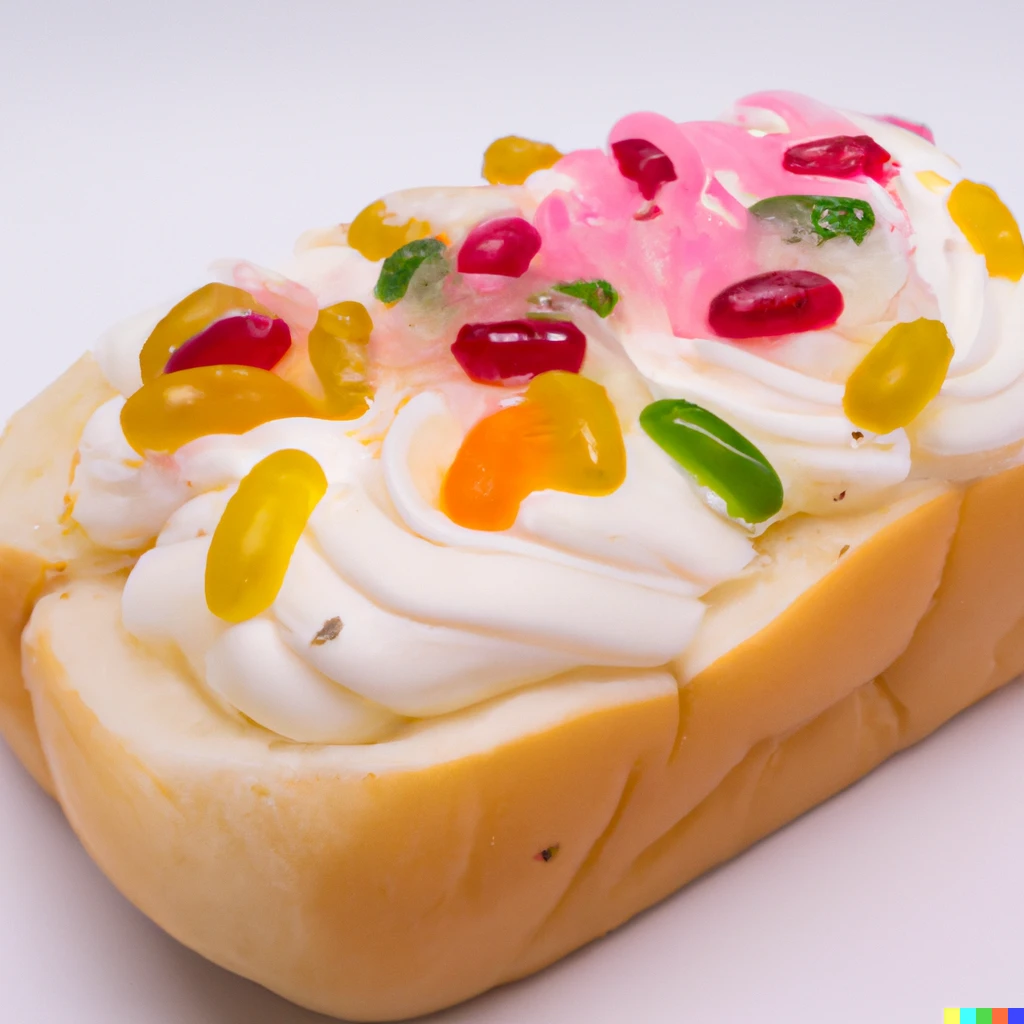 Prompt: Bread, with whipped cream on top, with jelly beans inside of the whipped cream