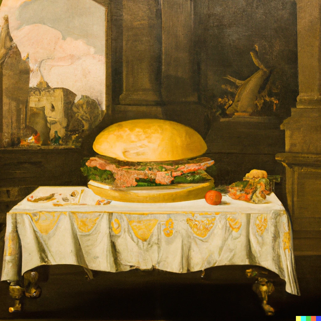 Prompt: 17th century painting of a giant hamburger on a table in London City, award-winning painting